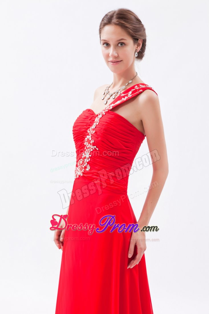 Red Appliques One Shoulder Beading Prom Dress in Chiffon