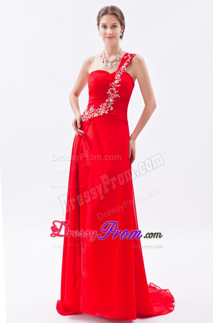 Red Appliques One Shoulder Beading Prom Dress in Chiffon