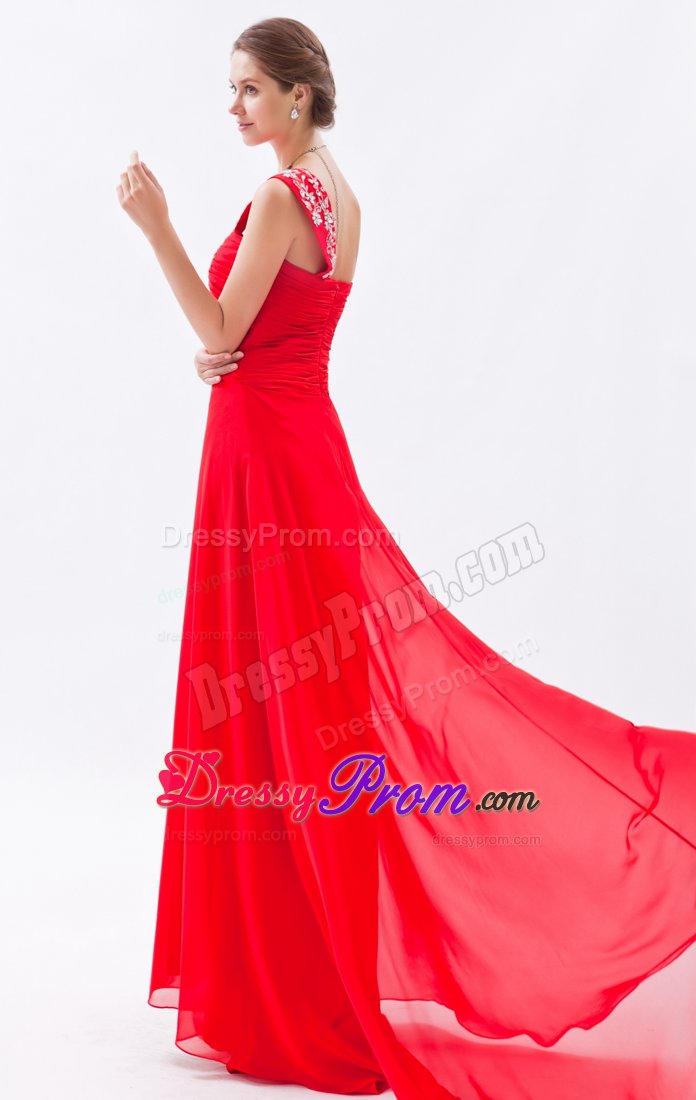 Red Appliques One Shoulder Beading Prom Dress in Chiffon