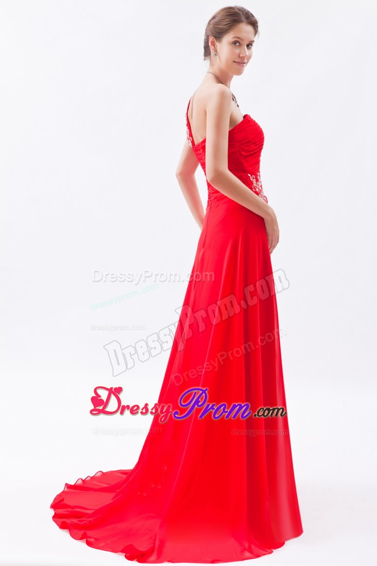 Red Appliques One Shoulder Beading Prom Dress in Chiffon