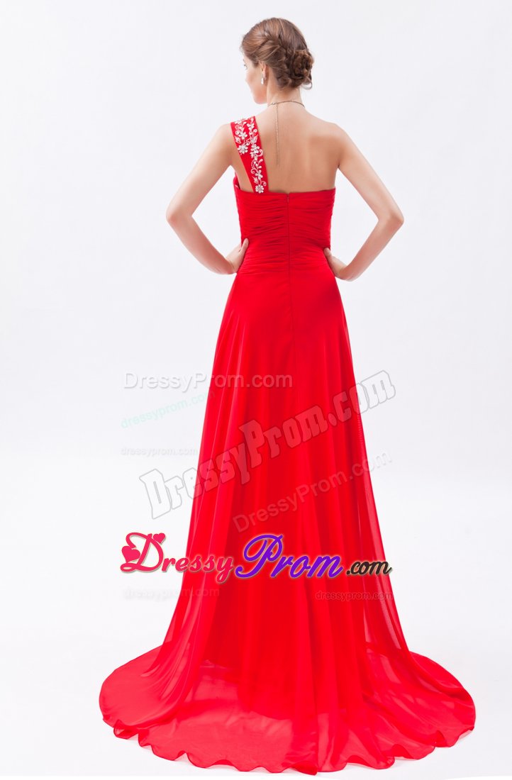 Red Appliques One Shoulder Beading Prom Dress in Chiffon
