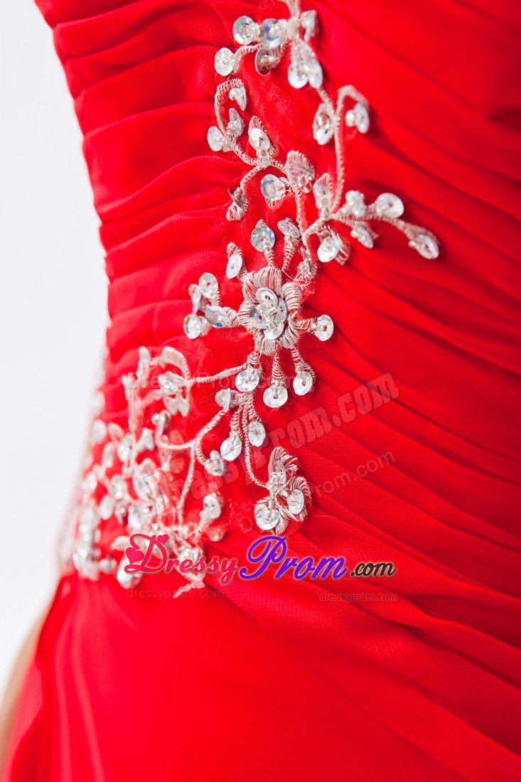 Red Appliques One Shoulder Beading Prom Dress in Chiffon