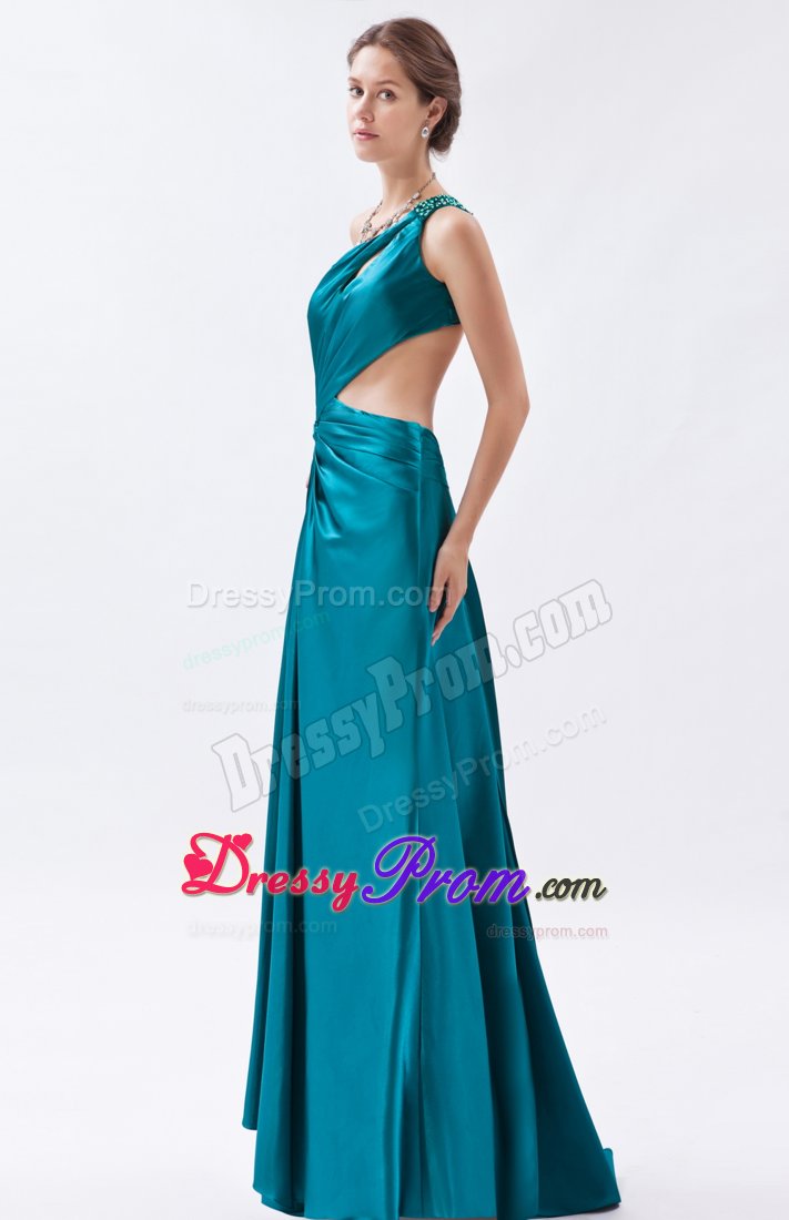 Sheath One Shoulder Teal Waist Cut Side Slit Prom Dress