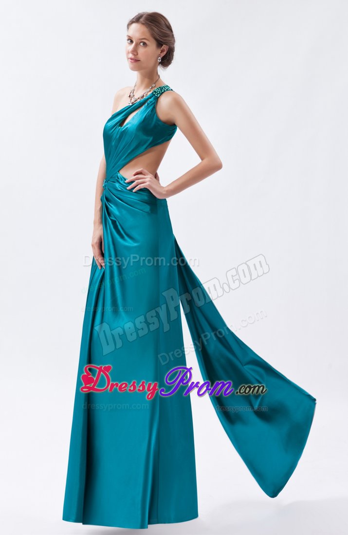 Sheath One Shoulder Teal Waist Cut Side Slit Prom Dress