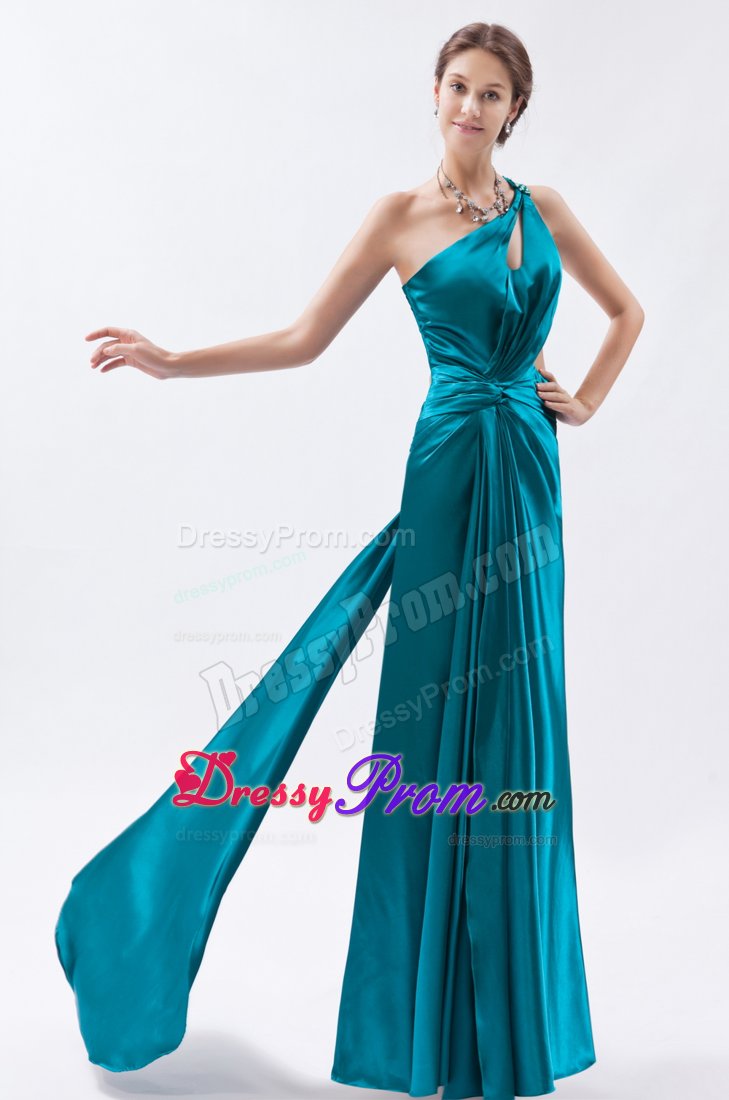 Sheath One Shoulder Teal Waist Cut Side Slit Prom Dress