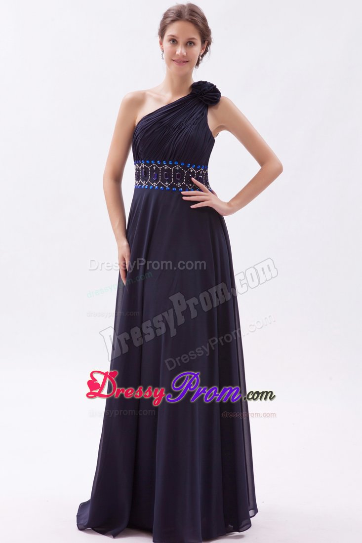 Beading Floor-length Black Empire One Shoulder Prom Dress