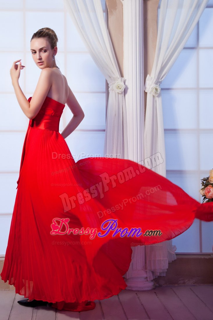 Strapless Red Empire Pleated Prom Dress with Bow Floor-length