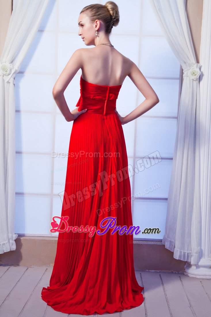 Strapless Red Empire Pleated Prom Dress with Bow Floor-length