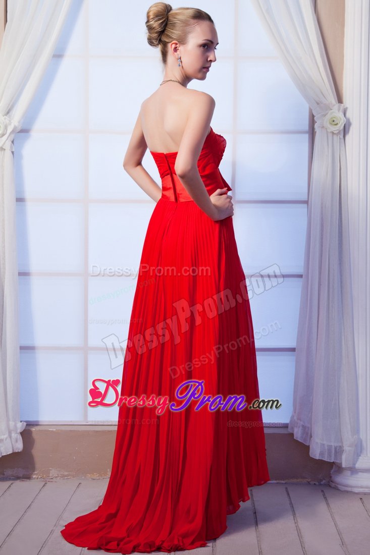 Strapless Red Empire Pleated Prom Dress with Bow Floor-length
