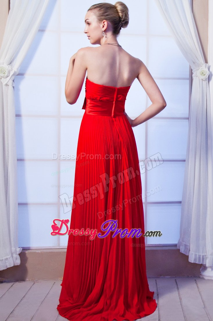 Strapless Red Empire Pleated Prom Dress with Bow Floor-length
