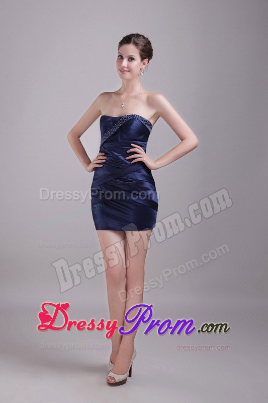 Sheath Strapless Mini-length Navy Blue Beading Prom Cocktail Dress
