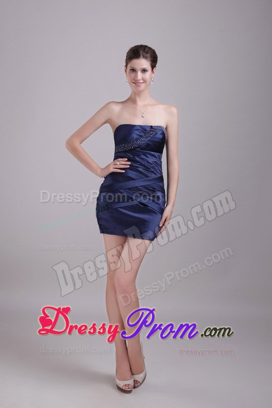Sheath Strapless Mini-length Navy Blue Beading Prom Cocktail Dress
