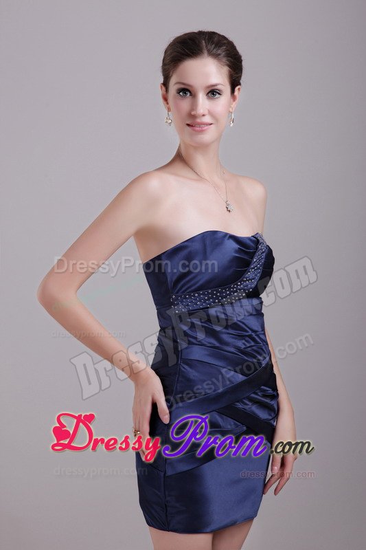 Sheath Strapless Mini-length Navy Blue Beading Prom Cocktail Dress