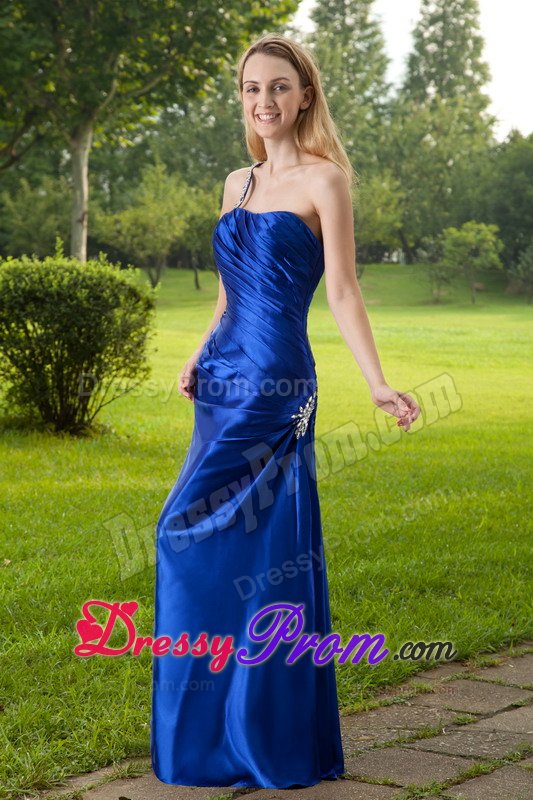Beading One Shoulder Floor-length Blue Dresses For Prom Night