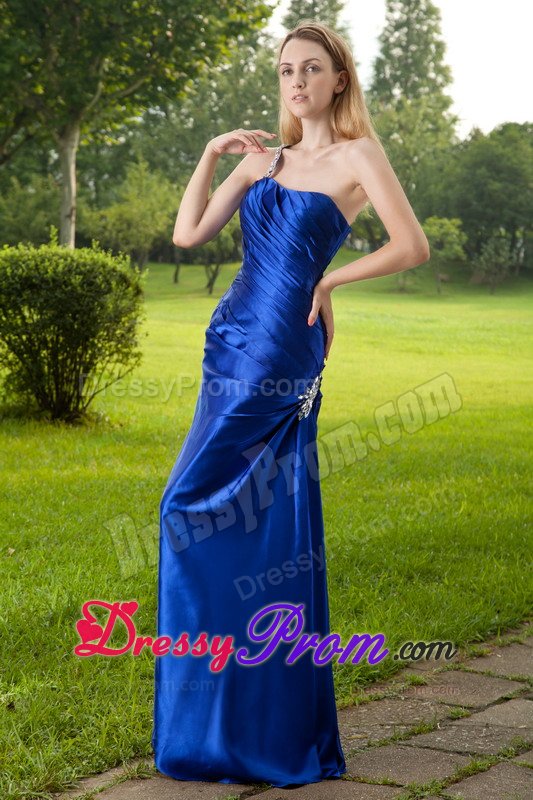 Beading One Shoulder Floor-length Blue Dresses For Prom Night