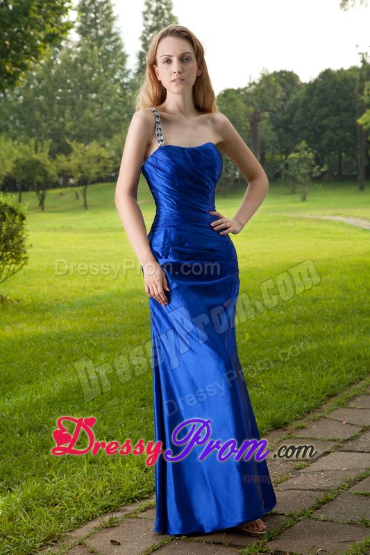 Beading One Shoulder Floor-length Blue Dresses For Prom Night