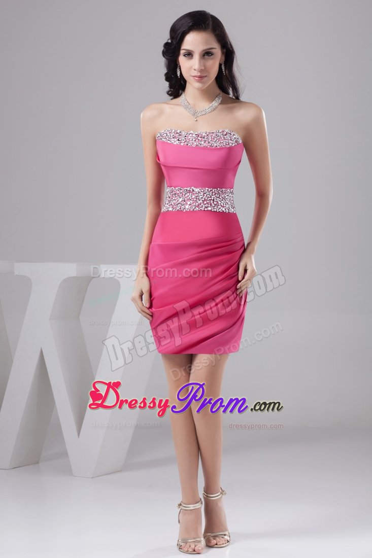 Rose Pink Mini-length Prom Gown Dress with Beading Belt