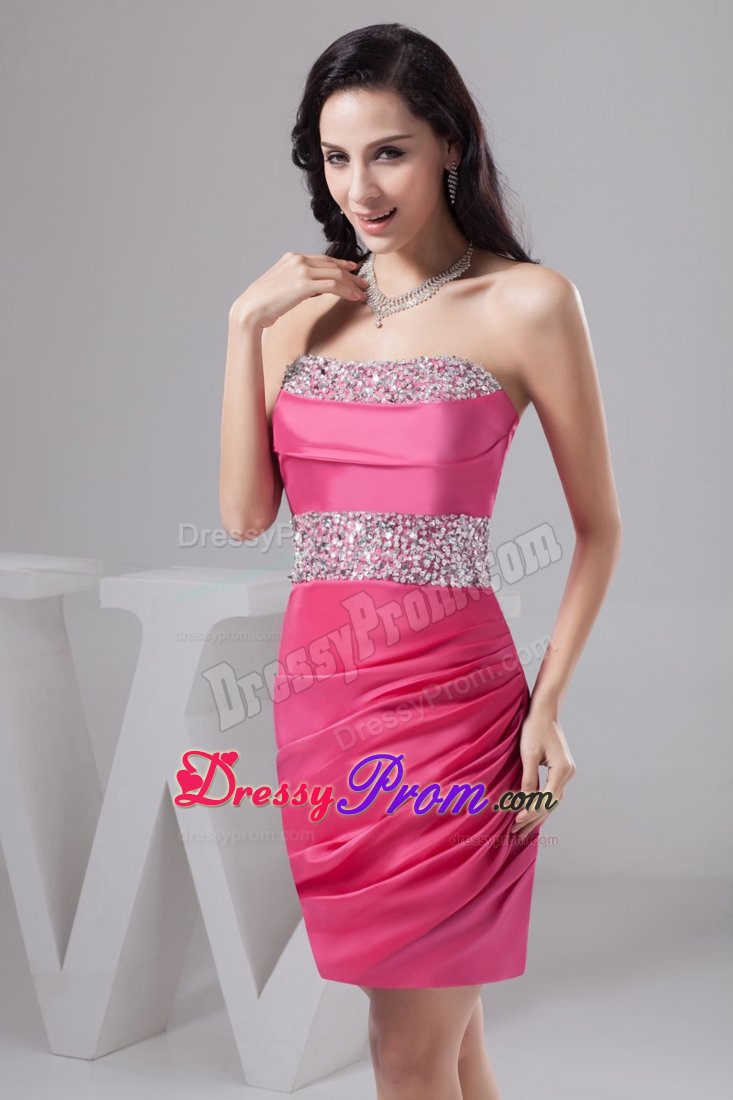 Rose Pink Mini-length Prom Gown Dress with Beading Belt