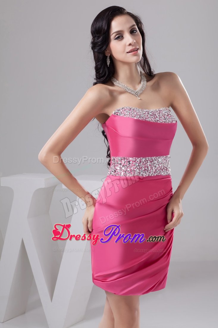 Rose Pink Mini-length Prom Gown Dress with Beading Belt