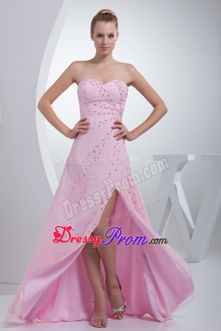 Beaded Sweetheart Pink Floor-length Prom Formal Dress with High Slit