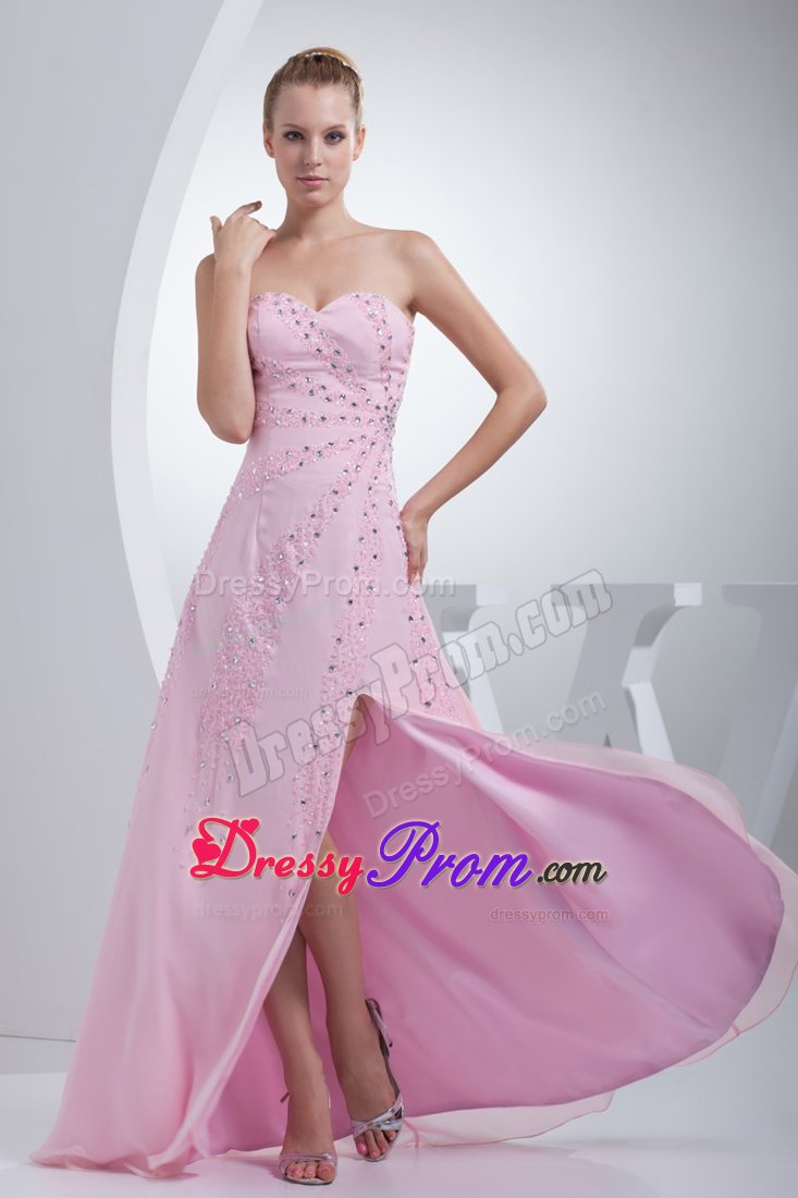 Beaded Sweetheart Pink Floor-length Prom Formal Dress with High Slit