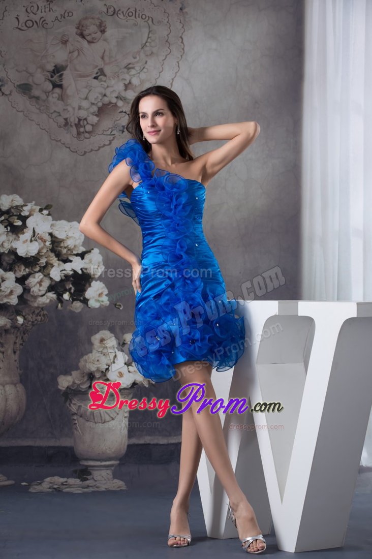 Ruffled One Shoulder Prom Dress in Royal Blue with Rolling Flowers