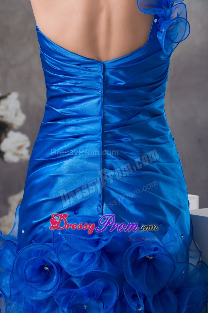 Ruffled One Shoulder Prom Dress in Royal Blue with Rolling Flowers