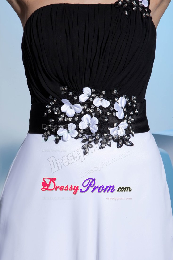 Black and White One Shoulder Appliques Prom Gown Floor-length