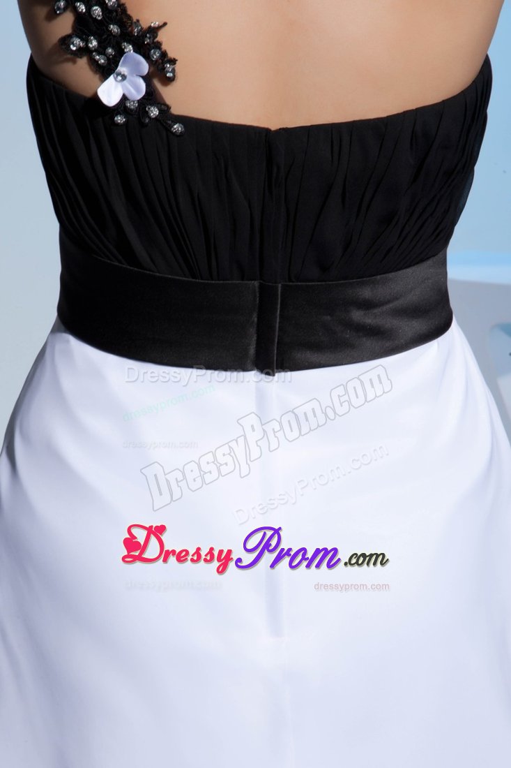 Black and White One Shoulder Appliques Prom Gown Floor-length