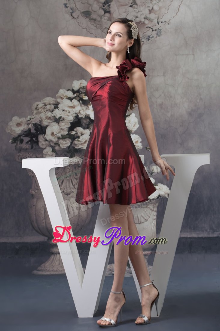 Short A-line Burgundy Floral One Shoulder Prom Evening Dresses