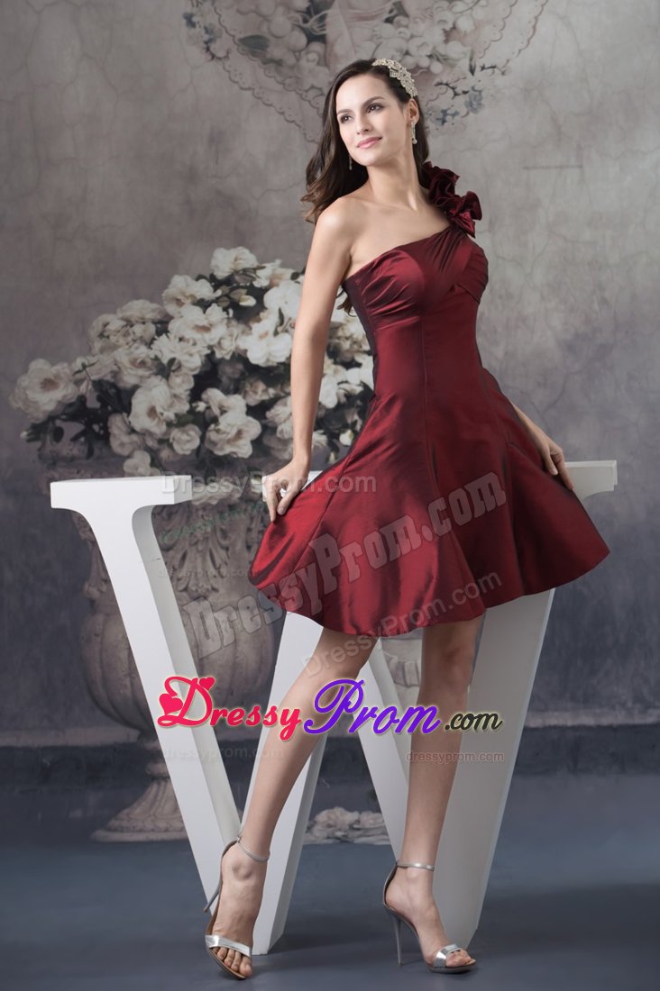 Short A-line Burgundy Floral One Shoulder Prom Evening Dresses