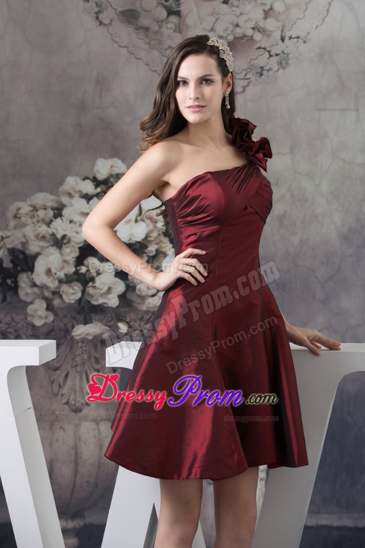 Short A-line Burgundy Floral One Shoulder Prom Evening Dresses