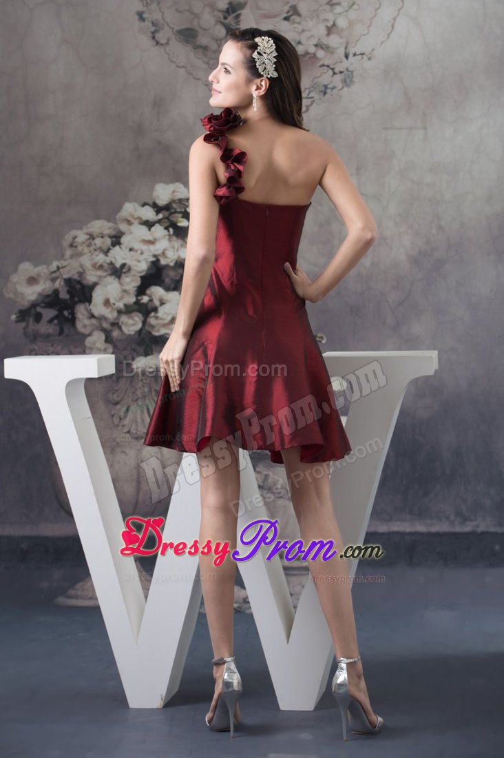 Short A-line Burgundy Floral One Shoulder Prom Evening Dresses