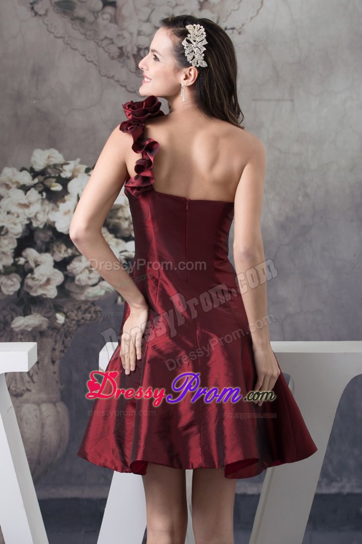 Short A-line Burgundy Floral One Shoulder Prom Evening Dresses