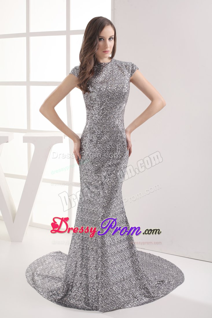 Mermaid Scoop Cap Sleeves Sequins Prom Dress Court Train