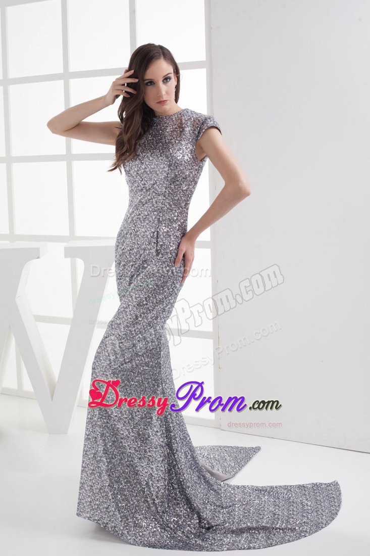 Mermaid Scoop Cap Sleeves Sequins Prom Dress Court Train