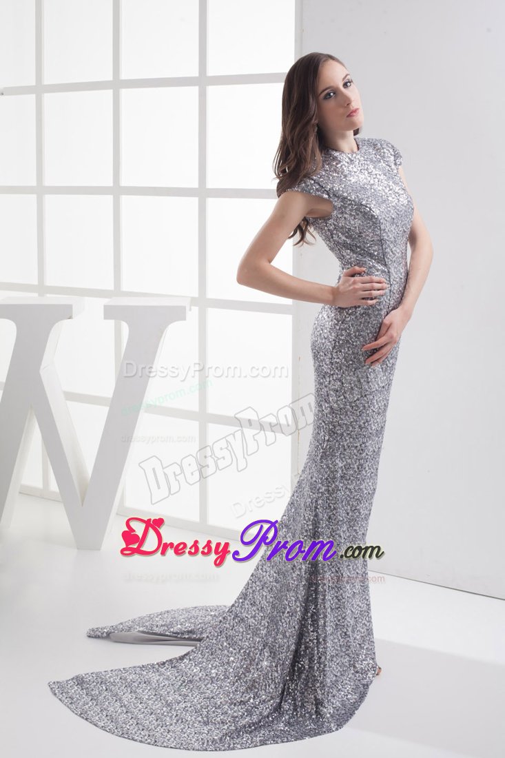 Mermaid Scoop Cap Sleeves Sequins Prom Dress Court Train