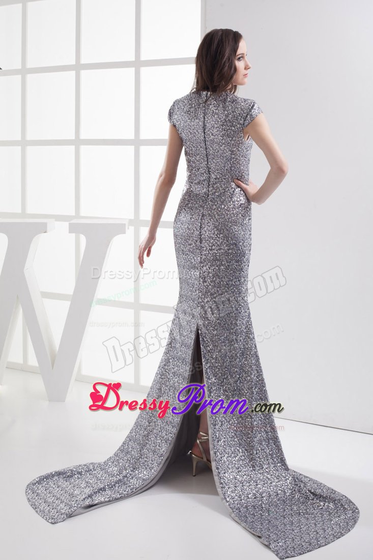 Mermaid Scoop Cap Sleeves Sequins Prom Dress Court Train