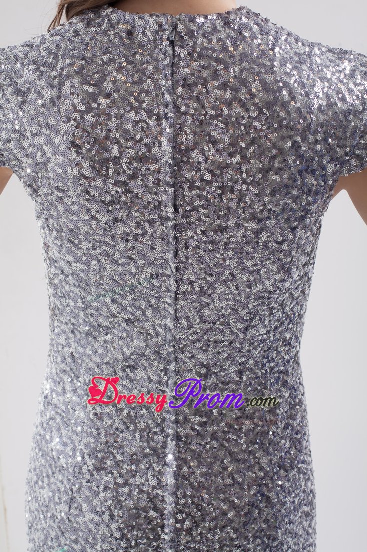 Mermaid Scoop Cap Sleeves Sequins Prom Dress Court Train