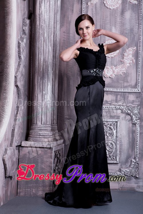 Elastic Woven Satin Black Straps Beaded Prom Evening Dress