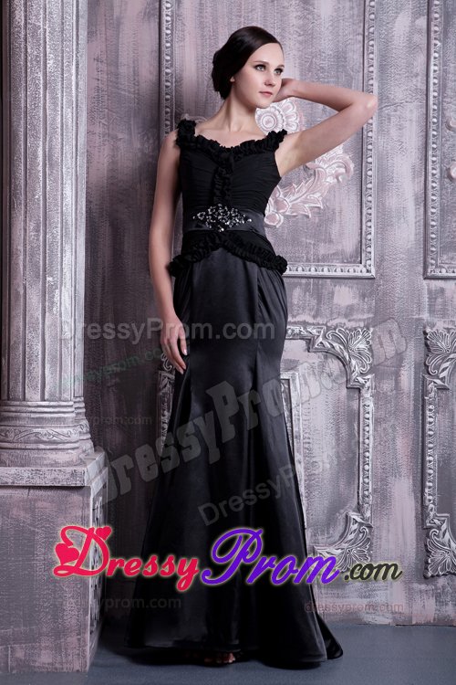 Elastic Woven Satin Black Straps Beaded Prom Evening Dress