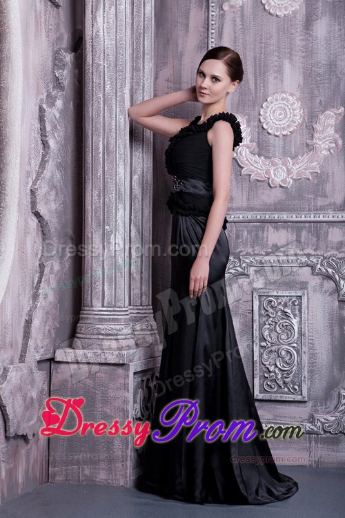 Elastic Woven Satin Black Straps Beaded Prom Evening Dress