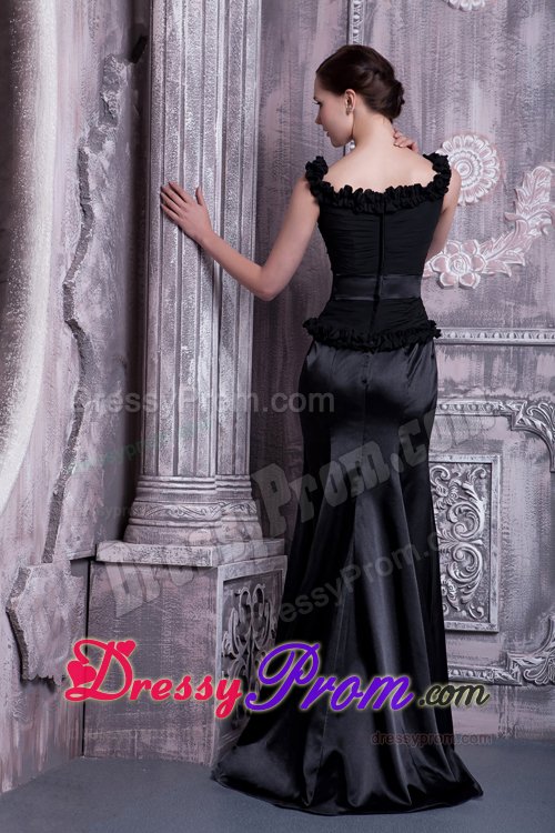 Elastic Woven Satin Black Straps Beaded Prom Evening Dress