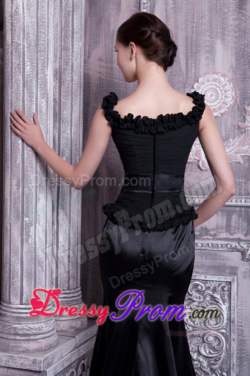 Elastic Woven Satin Black Straps Beaded Prom Evening Dress