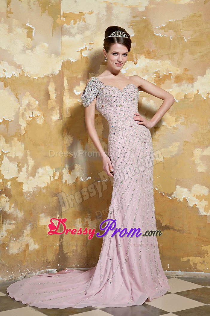 One Shoulder Beaded Prom Dress with Single Open Sleeve