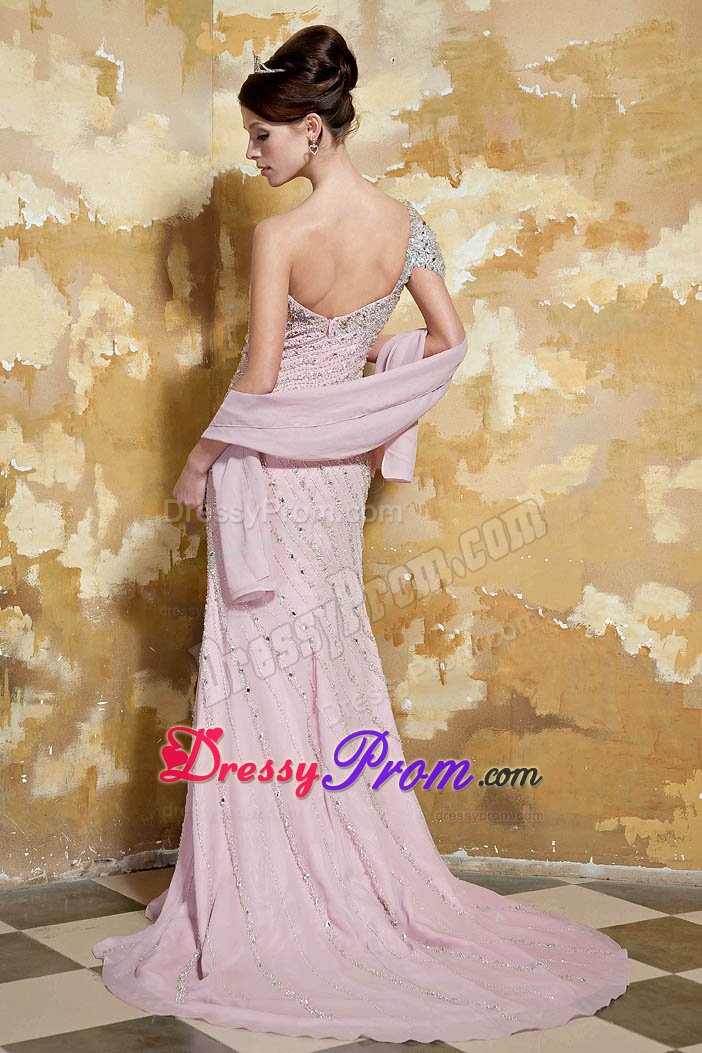One Shoulder Beaded Prom Dress with Single Open Sleeve