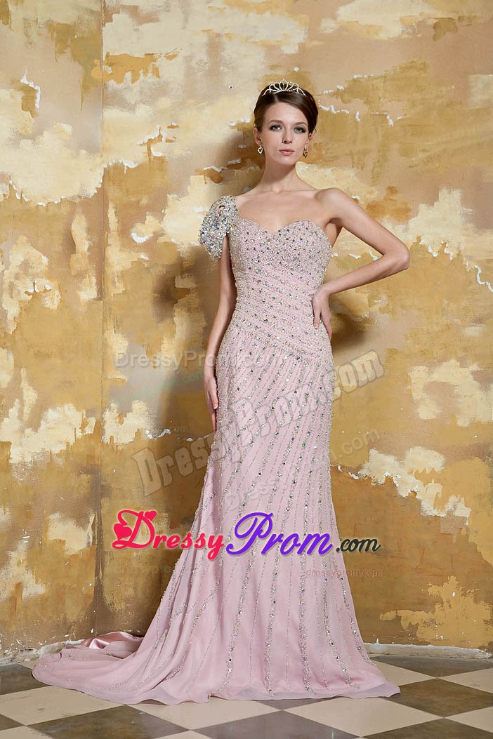 One Shoulder Beaded Prom Dress with Single Open Sleeve