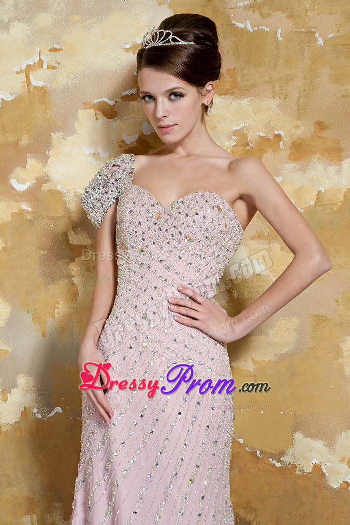 One Shoulder Beaded Prom Dress with Single Open Sleeve