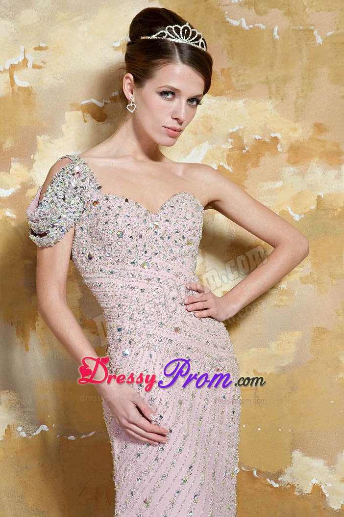 One Shoulder Beaded Prom Dress with Single Open Sleeve
