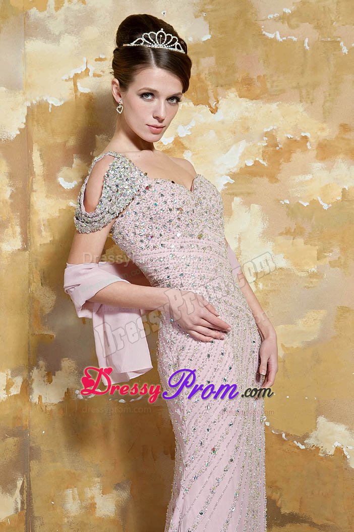 One Shoulder Beaded Prom Dress with Single Open Sleeve